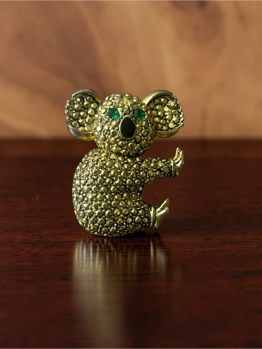 Vintage Gold Tone Green Rhinestone Koala Brooch